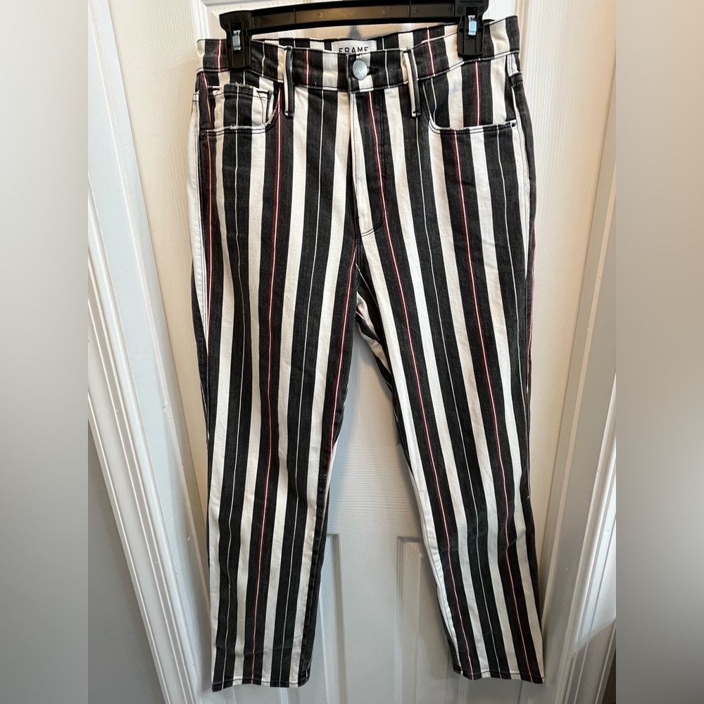 Frame Denim Women's Ankle Jeans - Black, White, Red Stripes Size 27